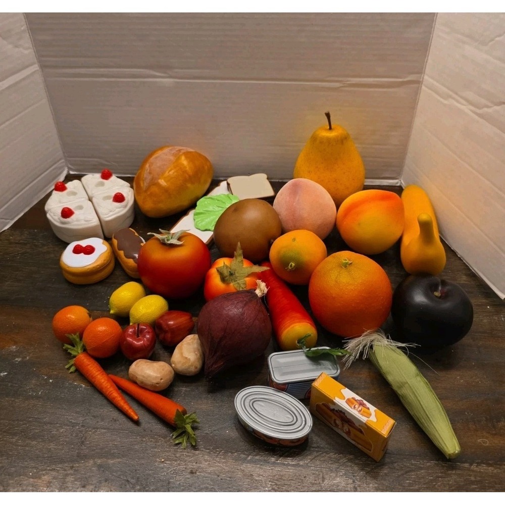 Huge Play Food Grocery Lot Sliced Cake Fruits Vegetables Bakery Cans 34 Pieces